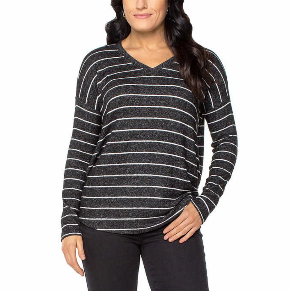 Well Worn Ladies' V-Neck Top Black with White Stripe - Picture 1 of 4